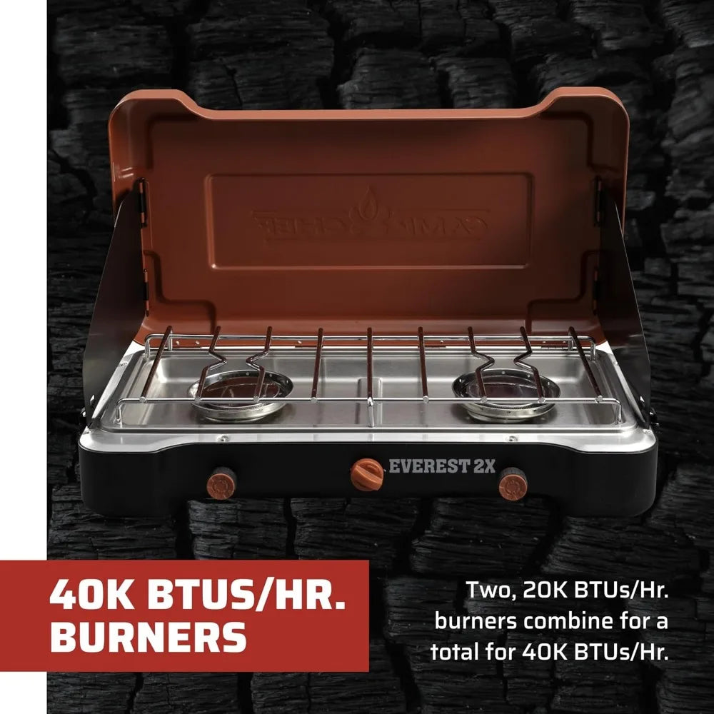 CAMP CHEF Mountain Series Everest 2X - High Output Two-Burner Camp Stove/ Lid Doubles as Windscreen