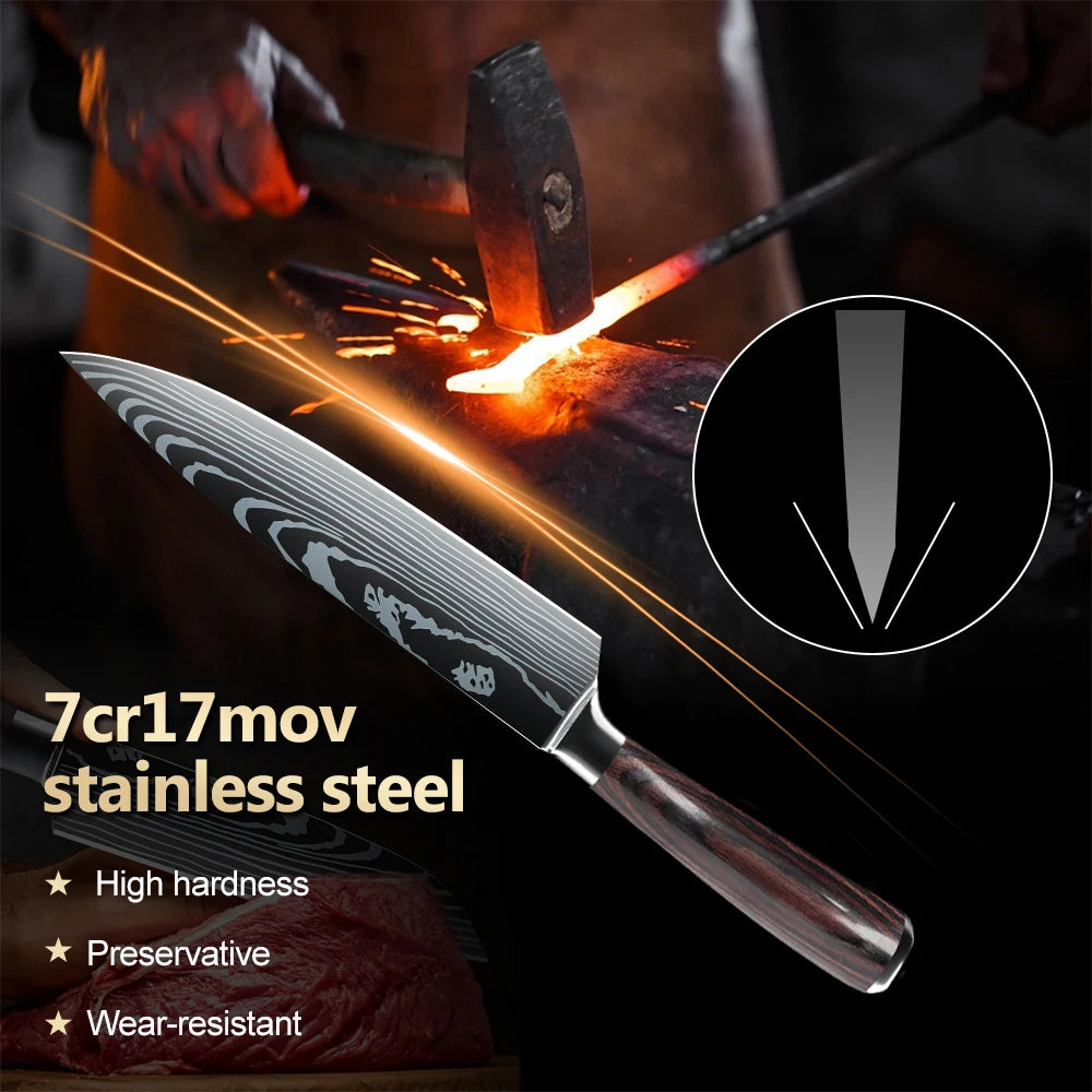 MDHAND 8/10pcs Kitchen Knives Set Laser Damascus Pattern Chef Knife High Carbon Stainless Steel