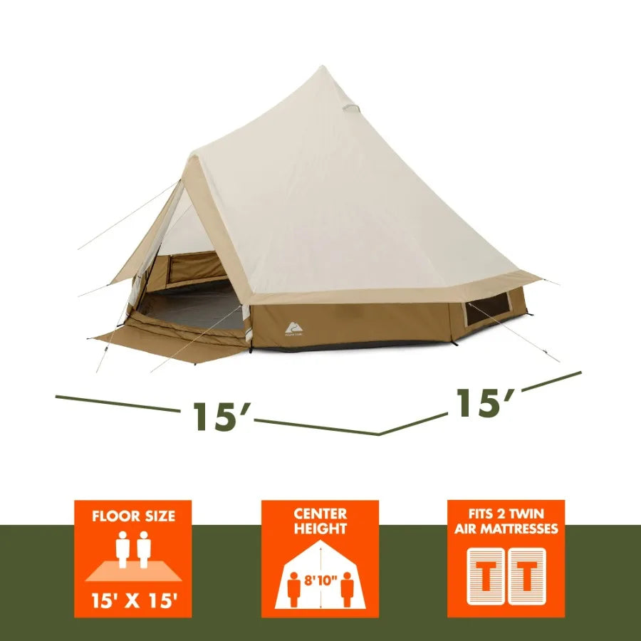 Ozark Trail 15' x 15' 8-Person Glamping Bell Tent with String Lights, 22.57 lbs -YURT
