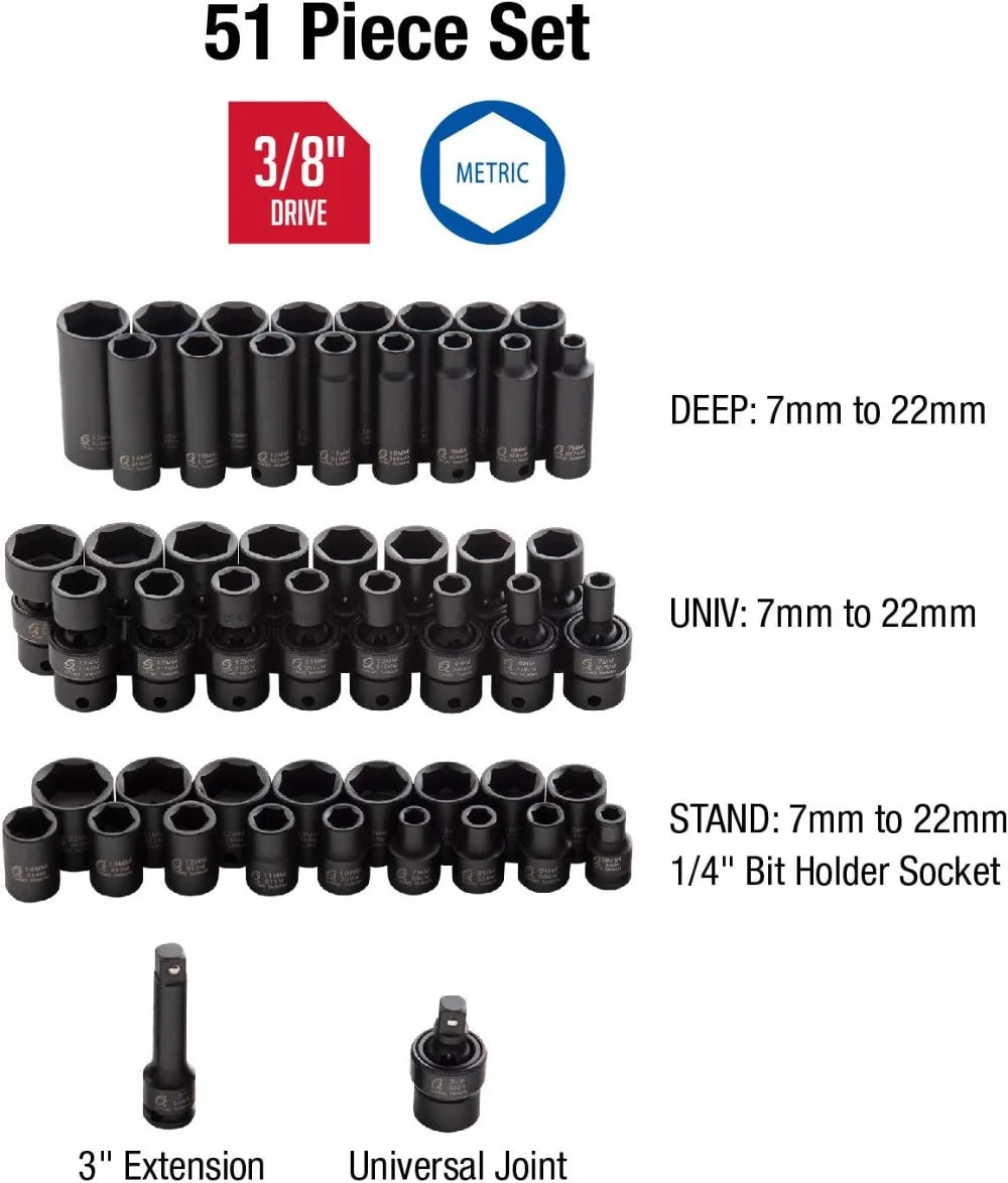 Sunex Drive Impact Socket Set, Metric,Standard/Deep/ Universal, Cr-Mo Steel