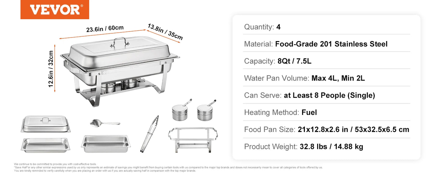 VEVOR 8QT Chafing Dish 2/4/6 Packs w/Buffet Catering Warmer Server Folding Stand Fuel Holder Tray