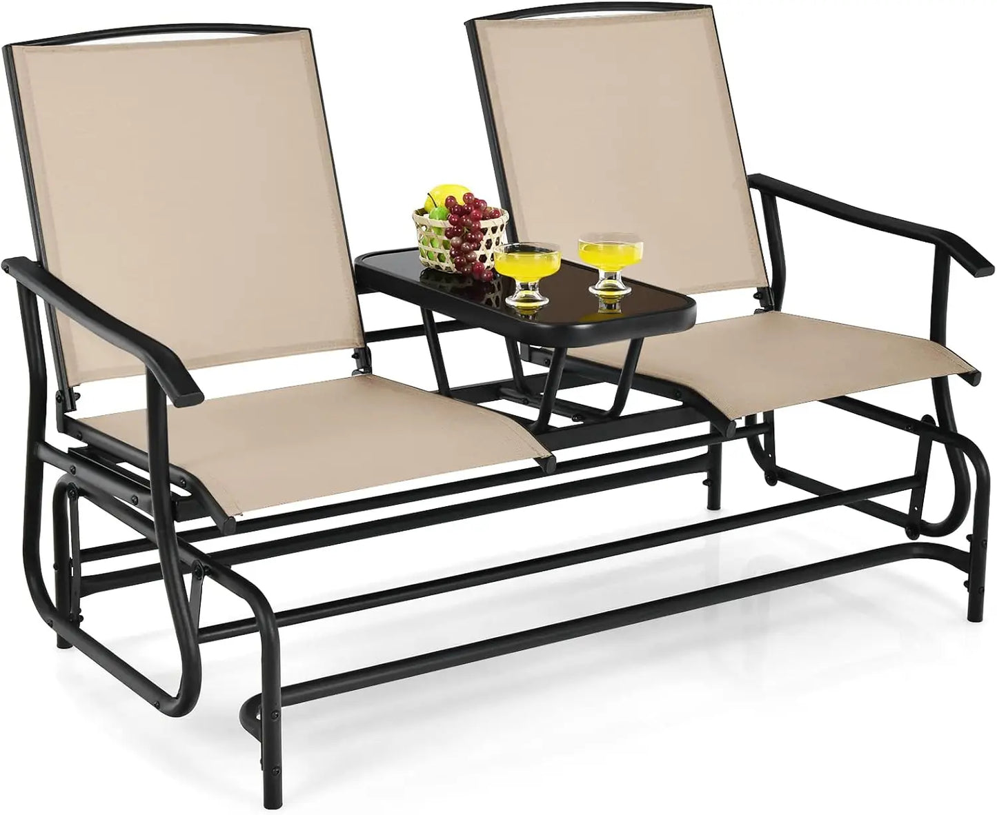 Glider Chair, Patio Rocking Loveseat w/Center Tempered Glass Table, Swing Bench w/Steel Frame for 2