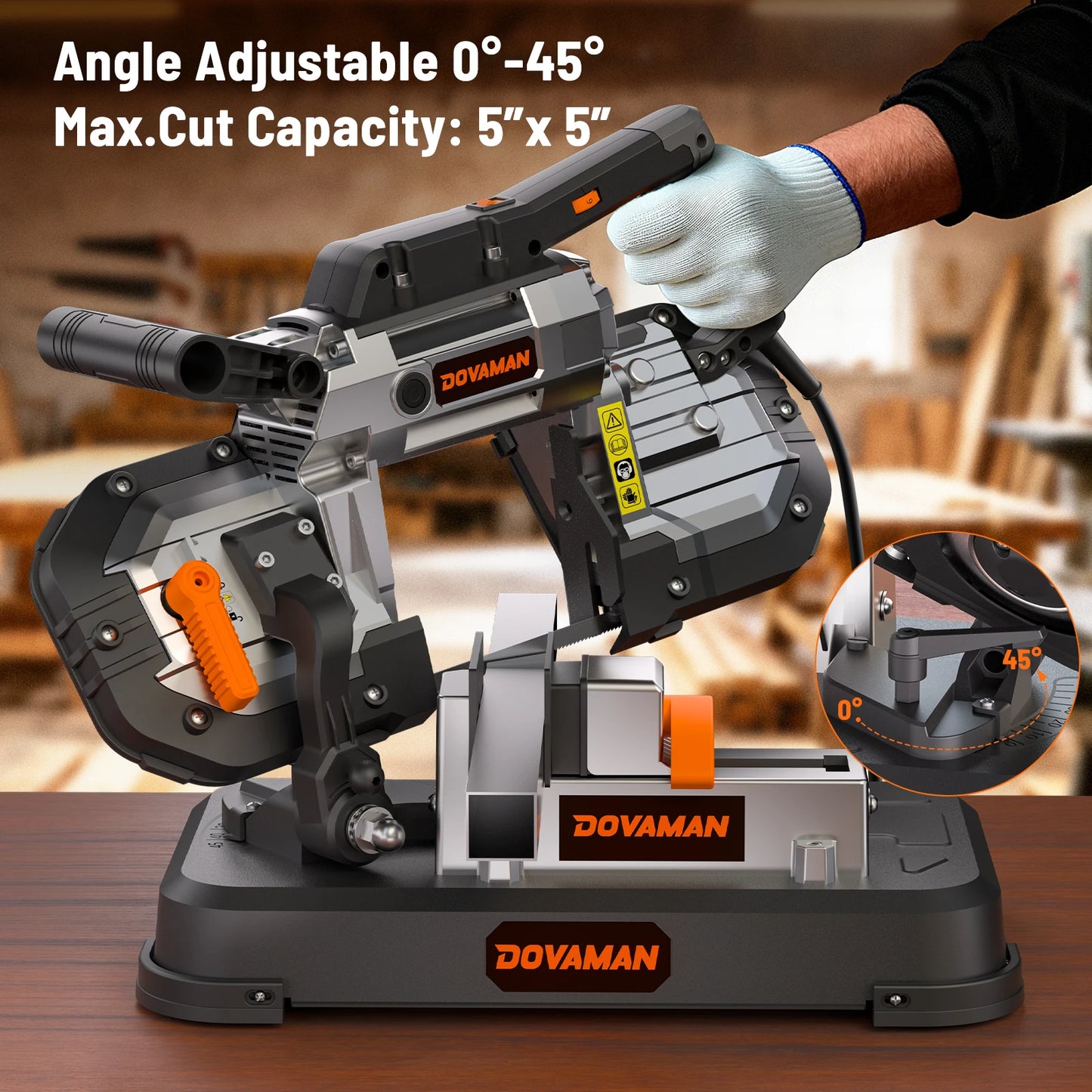 DOVAMAN Portable Band Saw, 10A Corded Handheld, 5" Cut Capacity, 6-Speed, 0°–45° Adjustable
