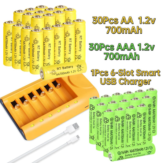 Skywolfeye 30pcs/24pcs/18pcs/12pcs/6pcs AA AAA NiMh 1.2V 700mah Battery Set w/6 Slot Charger