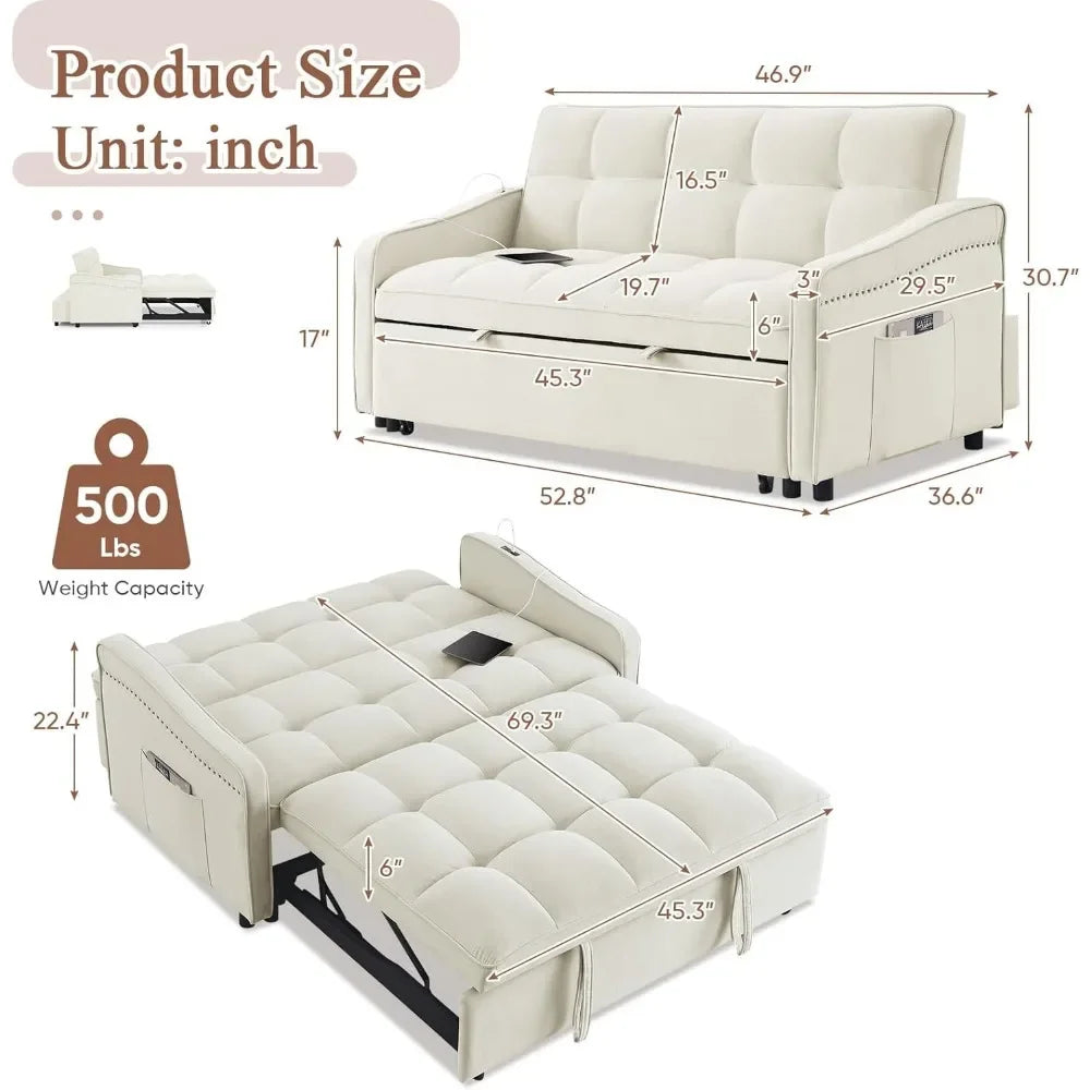 3 in 1 Sleeper Sofa Couch Bed w/USB & Type C Port, 52" Small Modern Loveseat Sofa w/Pull Out Bed