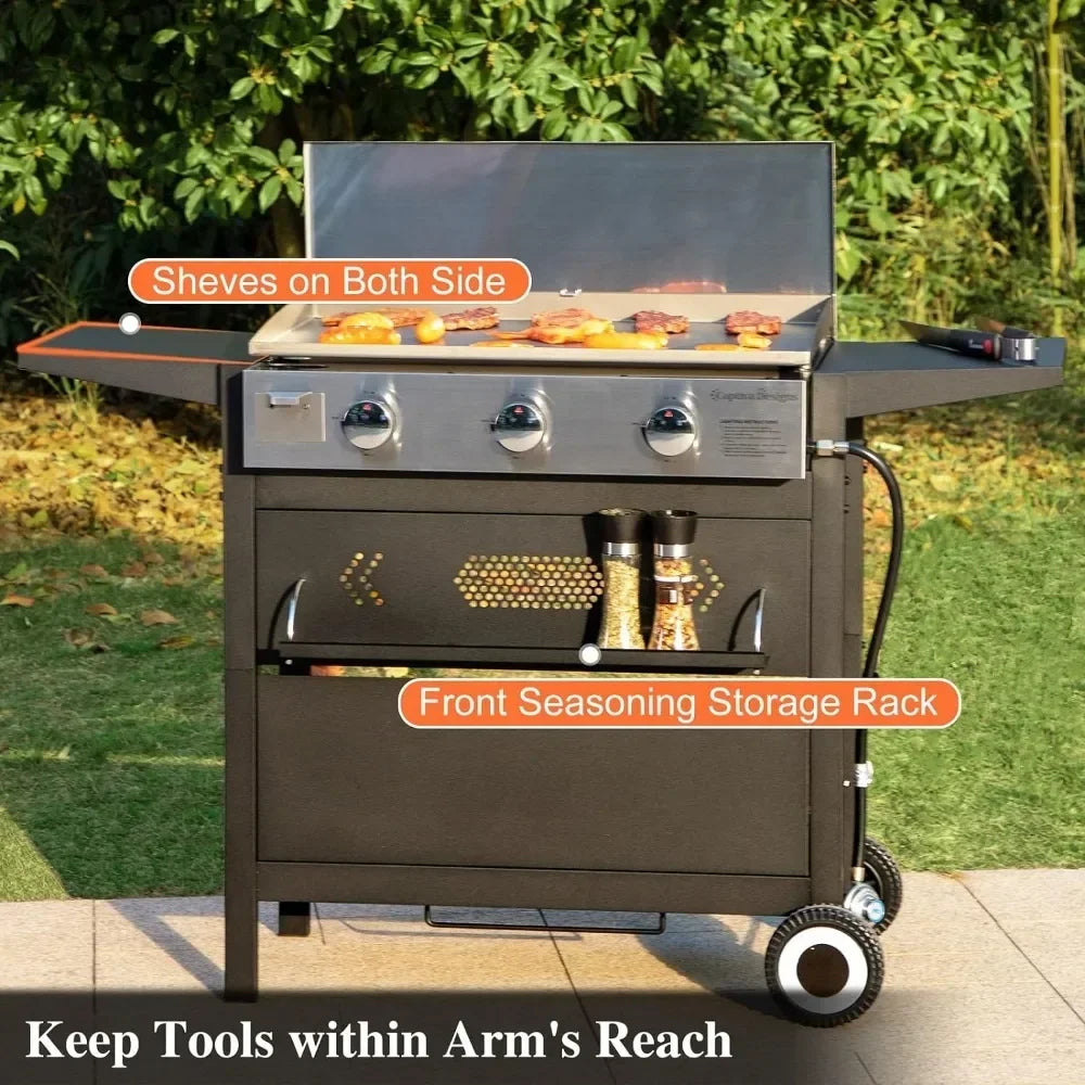 BBQ Grill Flat Top Gas Griddle Grills With Lid 3-Burner Propane BBQ Grills Outdoor Cooking Station