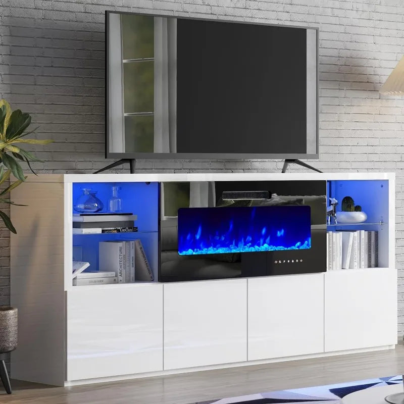 Modern High Gloss 68" Fireplace TV Stand, Entertainment Center & LED Lights for TVs up to 78"