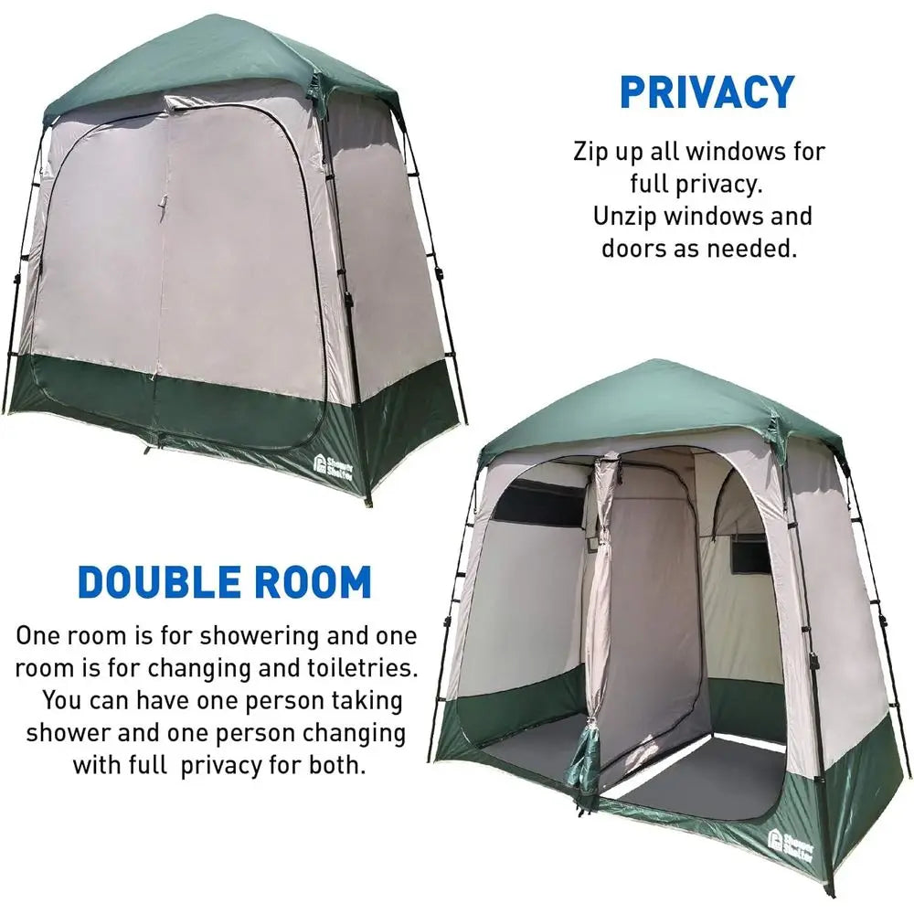 Portable Outdoor Pop-Up Shower Tent with Changing Room - 2-Room Enclosure - 7.5' x 4' x 7.5', Green