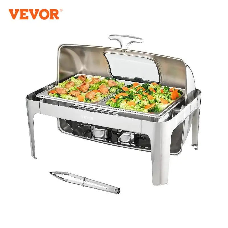 VEVOR 9QT Roll-top Chafing Dish Buffet Stainless Steel w/2 Half Pans Rectangle Catering Warmer