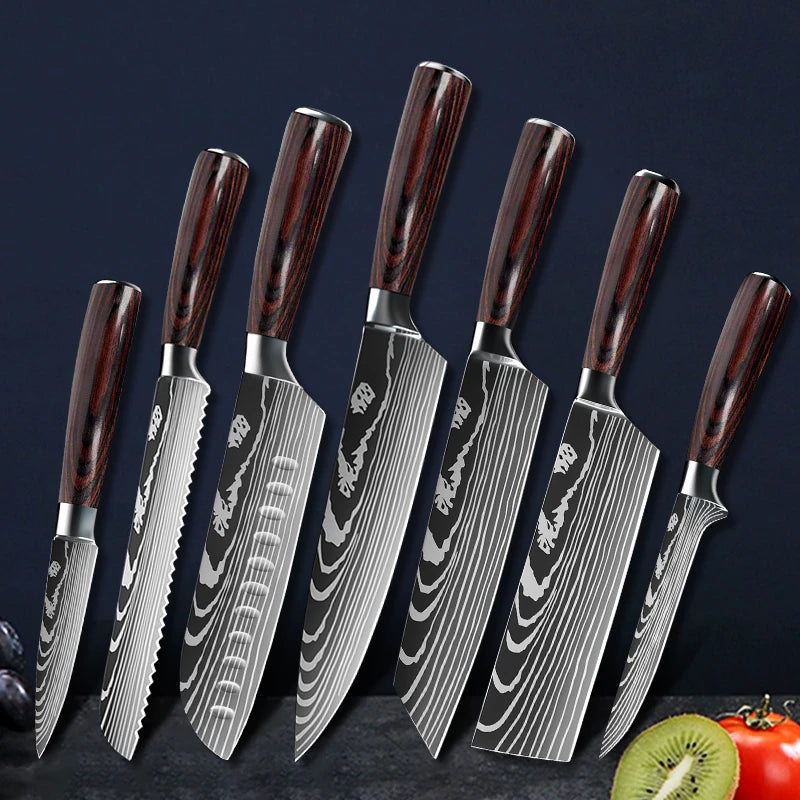 Kitchen Knives 7CR17 440C Stainless Steel Knife Laser Damascus Pattern - My Store