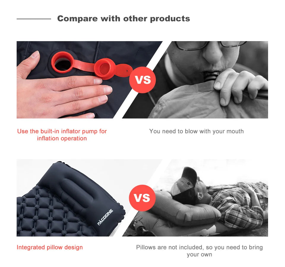 PACOONE Camping Inflatable Mattress Built-in Pump Ultralight Air Cushion Travel Mat With Headrest