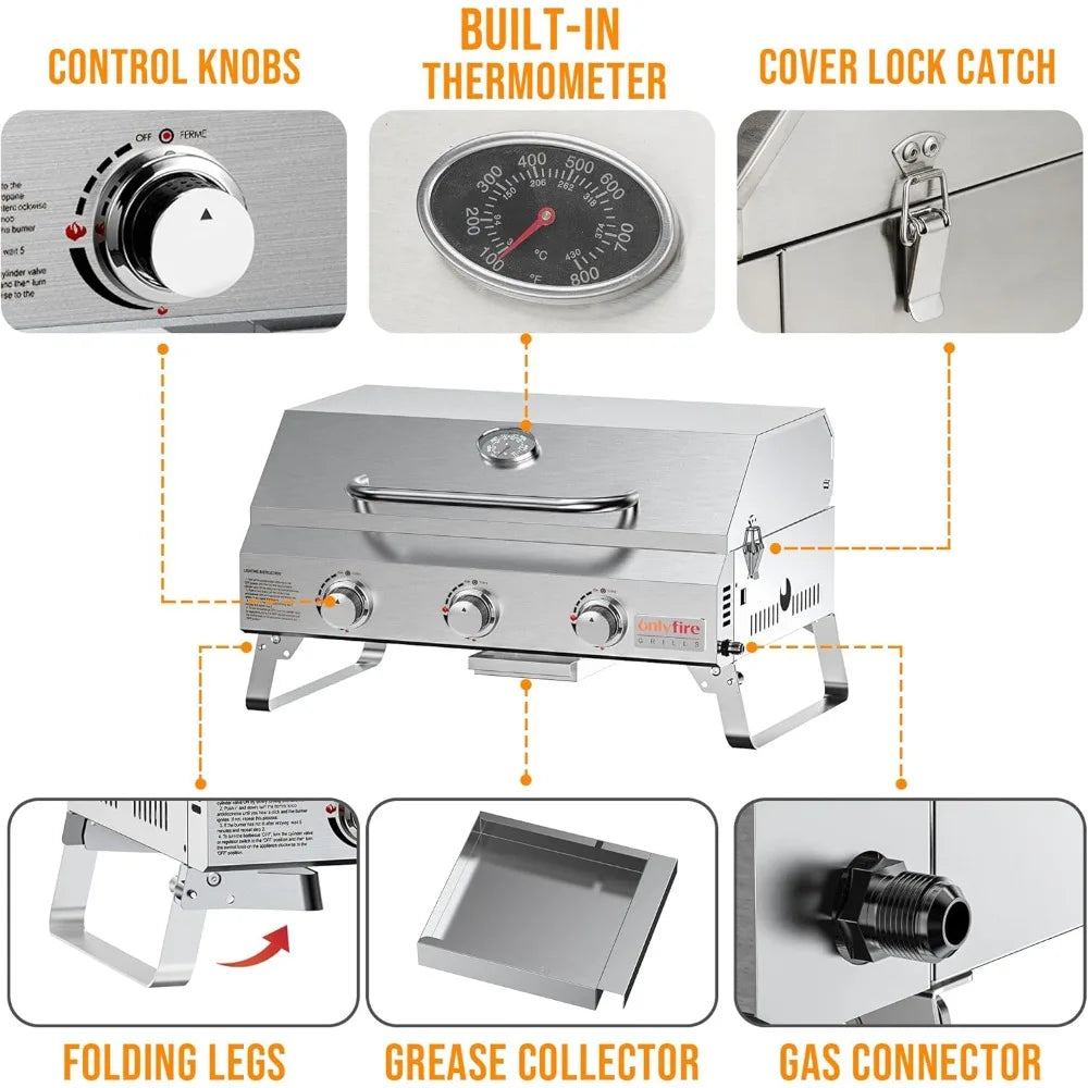 Tabletop Gas Grill 3 Burners, 24" Stainless Steel Portable Propane Grill with Foldable Legs