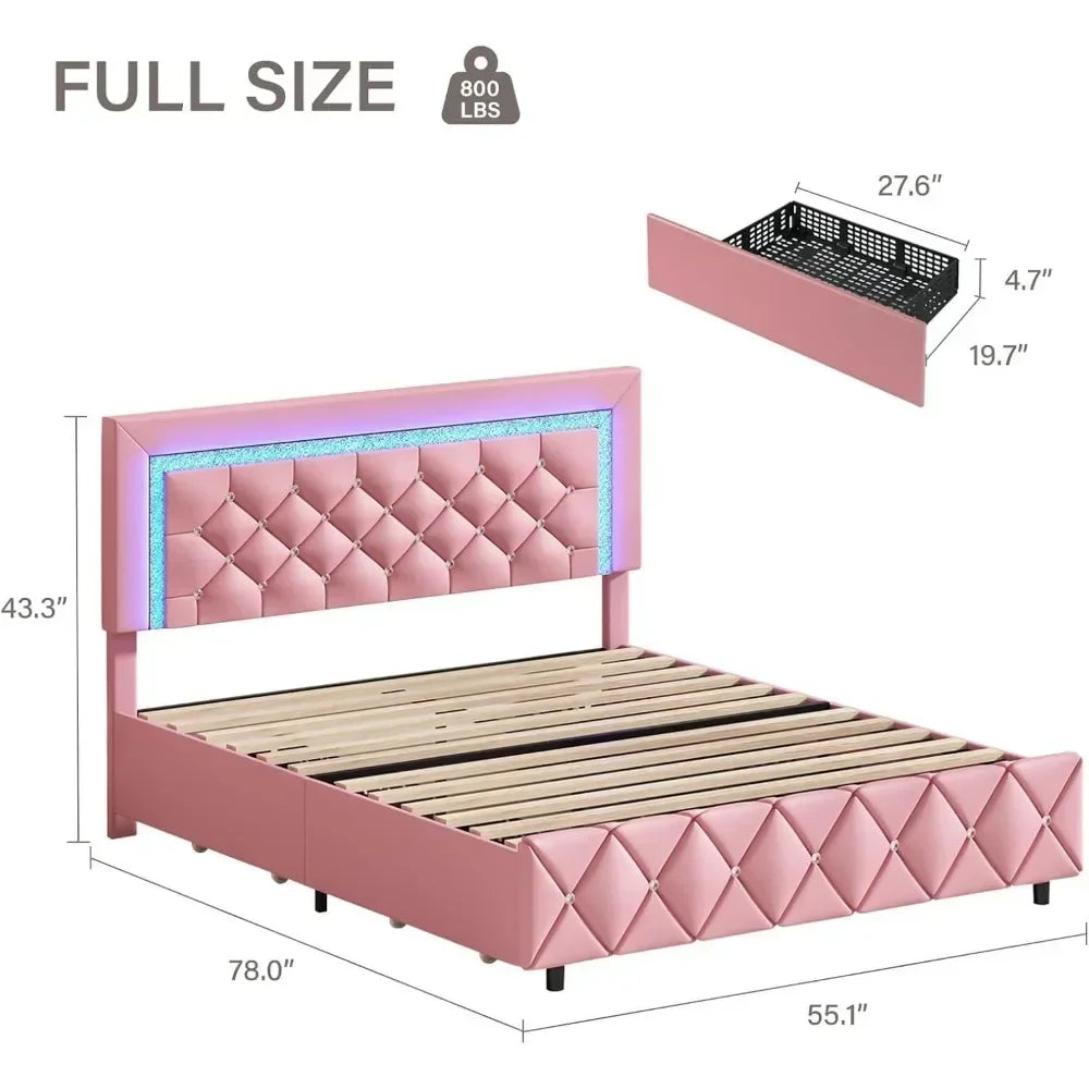 Full Size Bed Frame/LED/Drawers, Princess Platform Bed/Diamond Headboard and Footboard, Upholstered