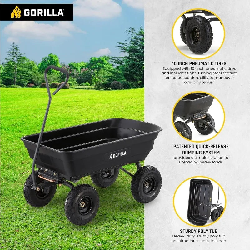 Gorilla Carts Heavy Duty Poly Utility Dump Wagon Garden Cart w/Pneumatic Tires, 4 Cu Ft - 600 lb Cap