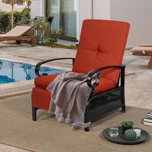 Adjustable Outdoor Lounge Chair Metal Patio Relaxing Recliner Chair (Red) Leisure Chaise