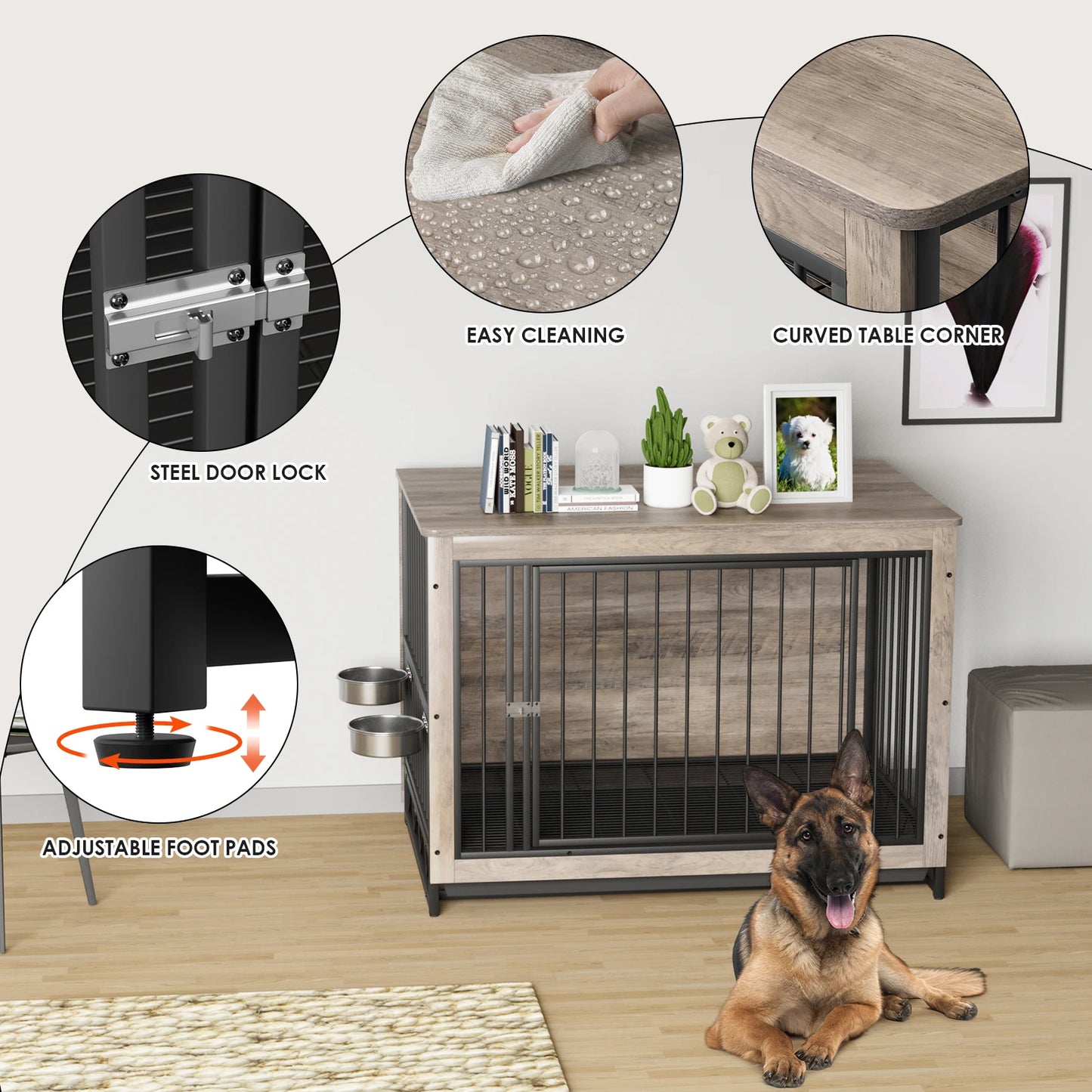 Furniture Style Dog Crate,Wooden Heavy Duty/ Raised Feeder/Dogs 2 Stainless Steel Bowls Brown/Gray