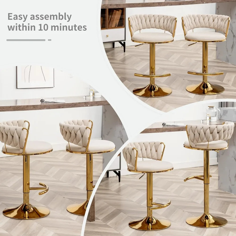 Gold Bar 4 Stools, Counter Height Bar Stools w/Low Back, Velvet Adjustable Height Barstool 360°