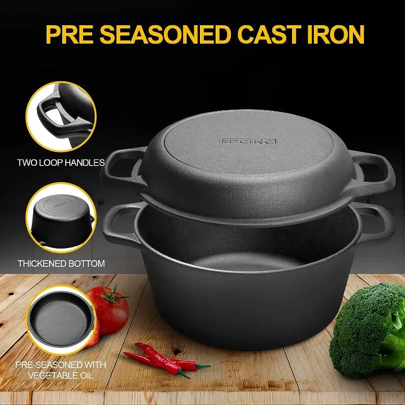 EDGING Dutch Oven Pot w/Skillet Lid Cooking Pan, Cast Iron Skillet Cookware Pan w/Dual Handles