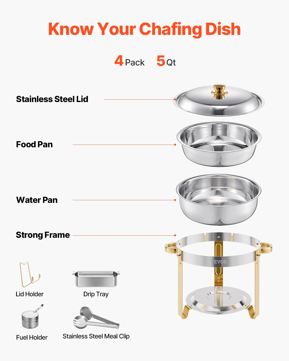 SucceBuy 4 Pack Chafing Dish Buffet Set Stainless Steel Chafer w/4 Full Size Pan Round