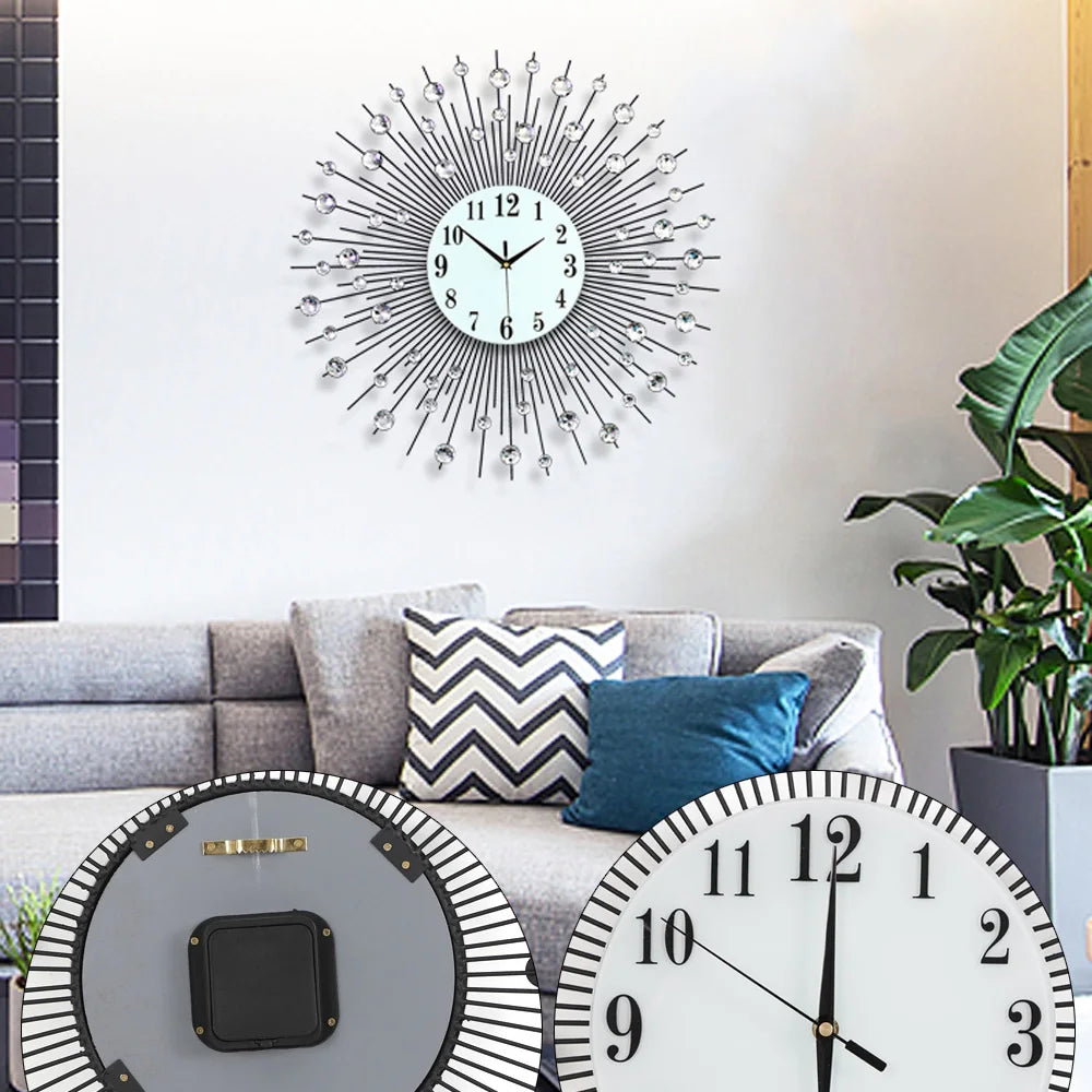 3D Large Metal Sunburst Wall Clock, Luxury Round Diamond Design, Battery Operated,Silent Non-Ticking