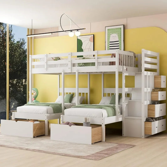 Bunk bed with 7 drawers, triple bunk bed with guardrail and step handrails, no need for a box spring