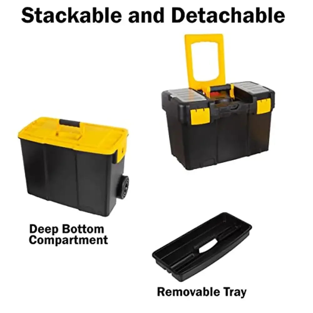 Portable Rolling Tool Box Combo with Fold-Down Handles & Tough Latches Stackable 2-in-1 Tool Chest