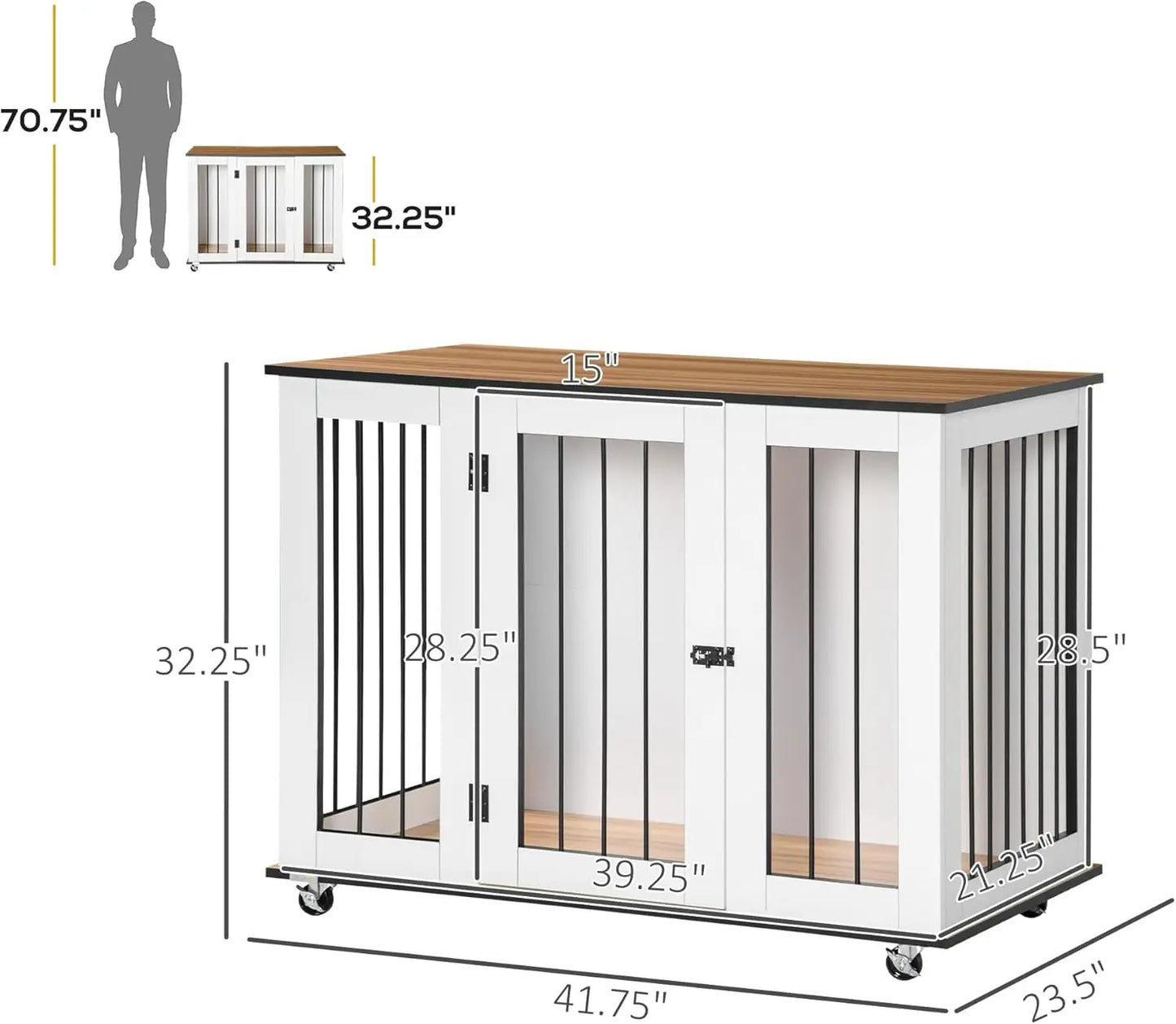 Dog Crate Furniture on Wheels, End Table Indoor w/ Lockable Door, 42" W x 23.5" D x 32" H