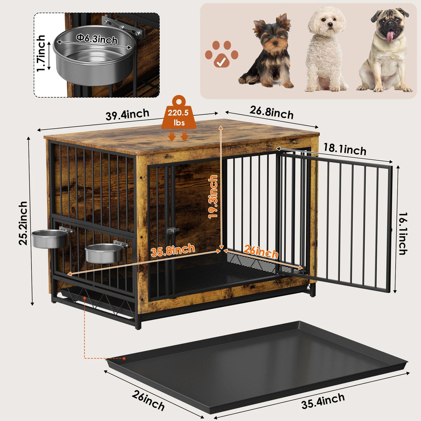 Furniture Style Dog Crate,Wooden Heavy Duty/ Raised Feeder/Dogs 2 Stainless Steel Bowls Brown/Gray