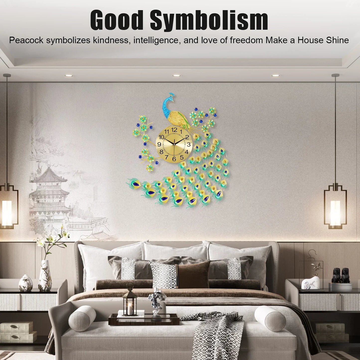 3D Creative Luxury Wall Clock Silent Non-Ticking Battery Operated Big Clock 29.5" Large Peacock