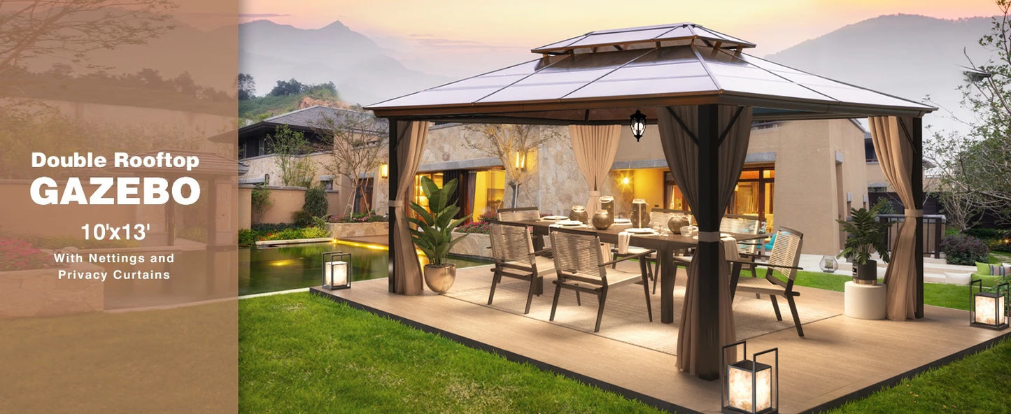 10'x13' Hardtop Gazebo, Outdoor Polycarbonate Double Roof Canopy, Aluminum Frame Permanent Pavilion