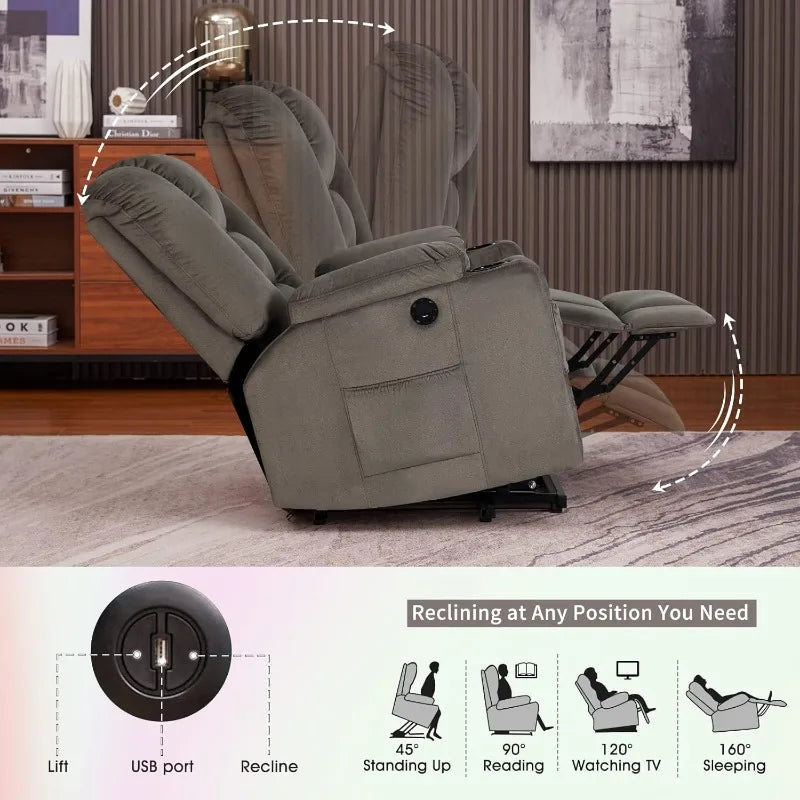 Power Lift Recliner Chair for Elderly, Plush Fabric Electric Recliner w/Heated & Vibration Massage