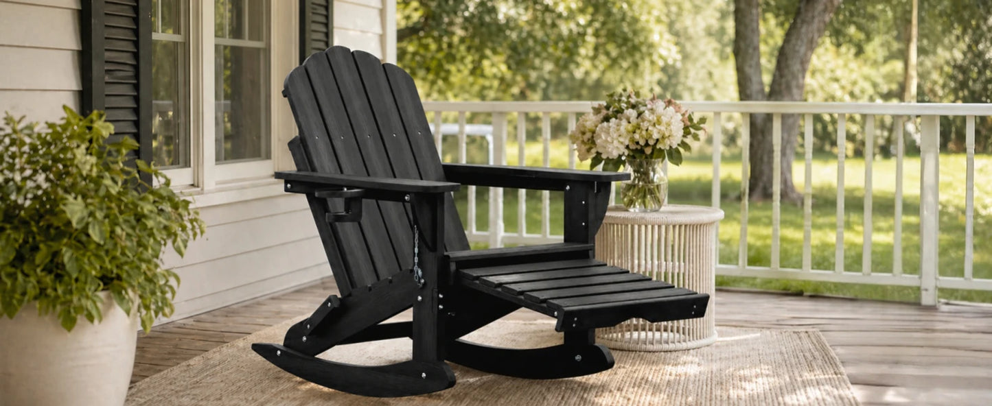 All Weather HDPE Adirondack Rocking Chairs Set Of 2, Foldable Patio Rockers /Retractable Ottoman