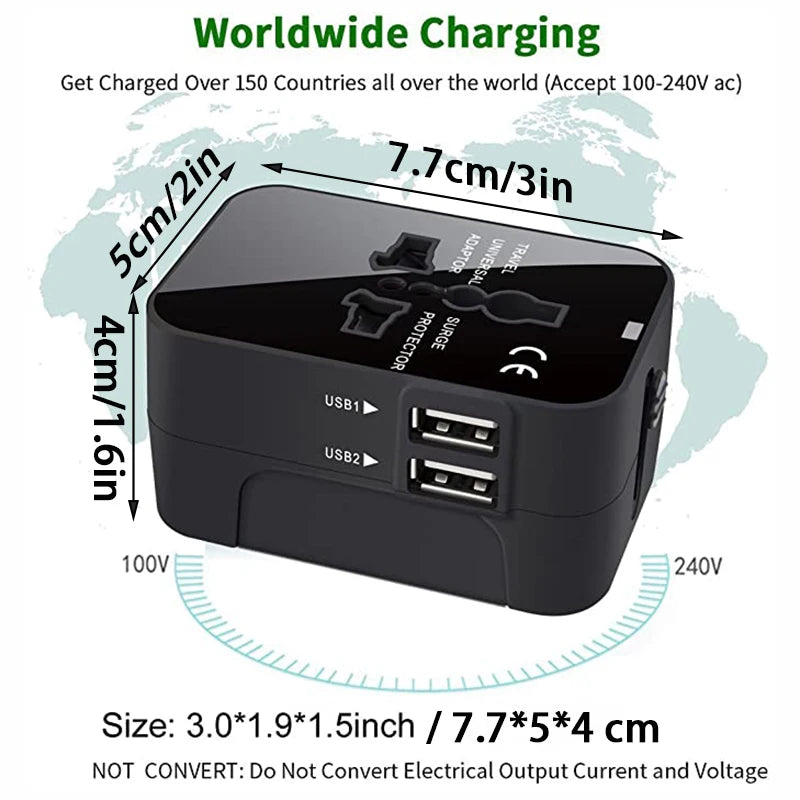 Travel Adapter, Worldwide All In One Universal Travel Adapter Wall Charger AC Power Plug Adapter