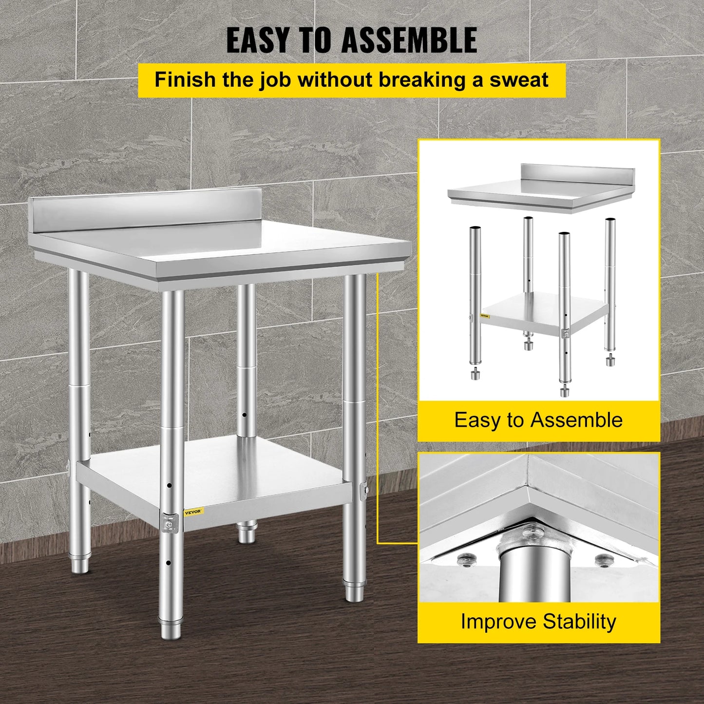 VEVOR Kitchen Work Bench Commercial Catering Worktable/Undershelf Stainless Steel 330LBS 286LBS