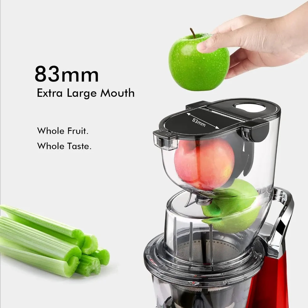 Cold press juicer with an 83mm large mouth, whole slow chewing juicer. BPA free