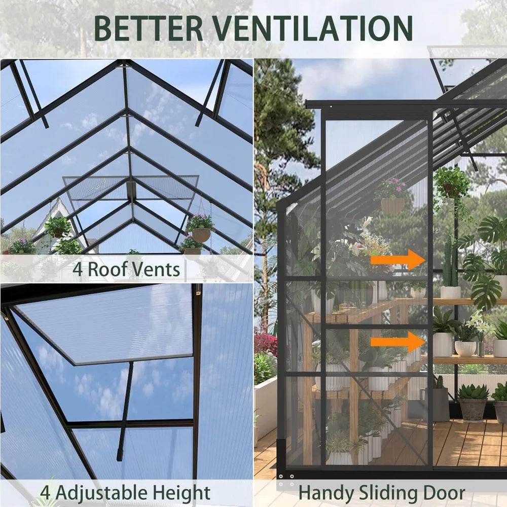 Greenhouse 8x16 ft polycarbonate greenhouse w/4 adjustable roof vents, walk-in aluminum frame