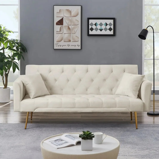 71 Inches Velvet Futon Sofa Bed w/2 Pillows,Modern Convertible Futon Couch w/3 Adjustable Backrest