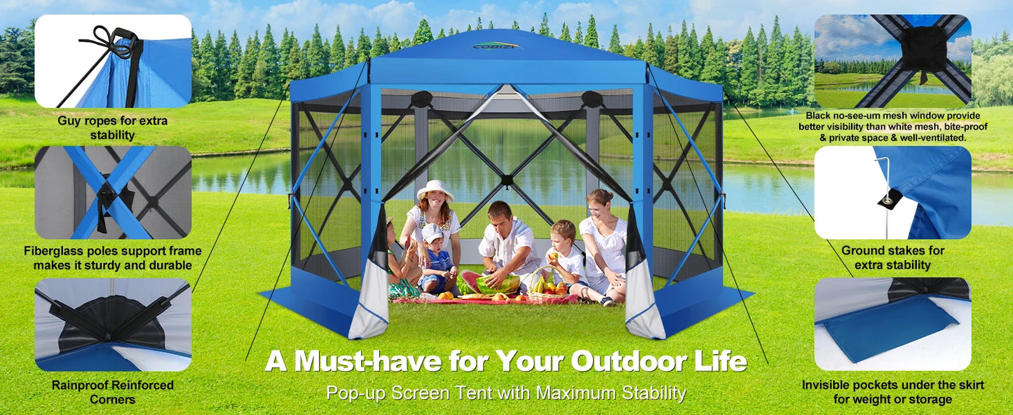 Pop Up Gazebo 12'x12' 6-Sided Screen House Tent for Camping, Instant Stargazing Gazebo Canopy