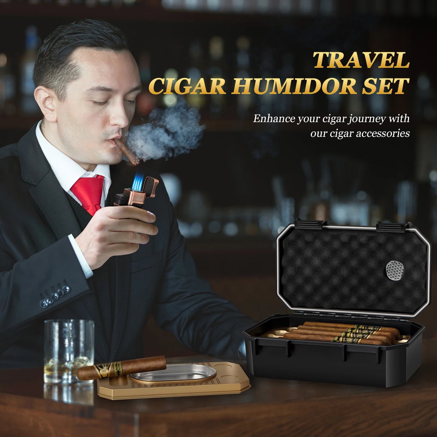 AWOTE Travel Humidor Set w/Torch Lighter, Ashtray, Humidifier & Hygrometer Portable Case Men Gift