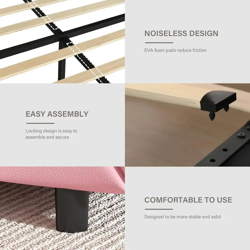 Full Size Bed Frame/LED/Drawers, Princess Platform Bed/Diamond Headboard and Footboard, Upholstered