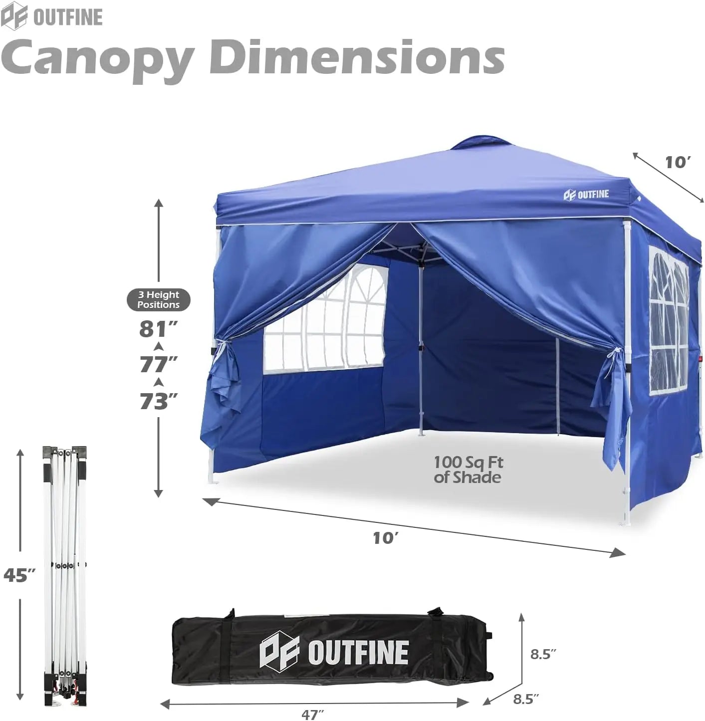 OUTFINE Patio Canopy 10'x10' Pop Up Commercial Instant Gazebo Tent, 4 Removable Sidewalls, Stakes x8