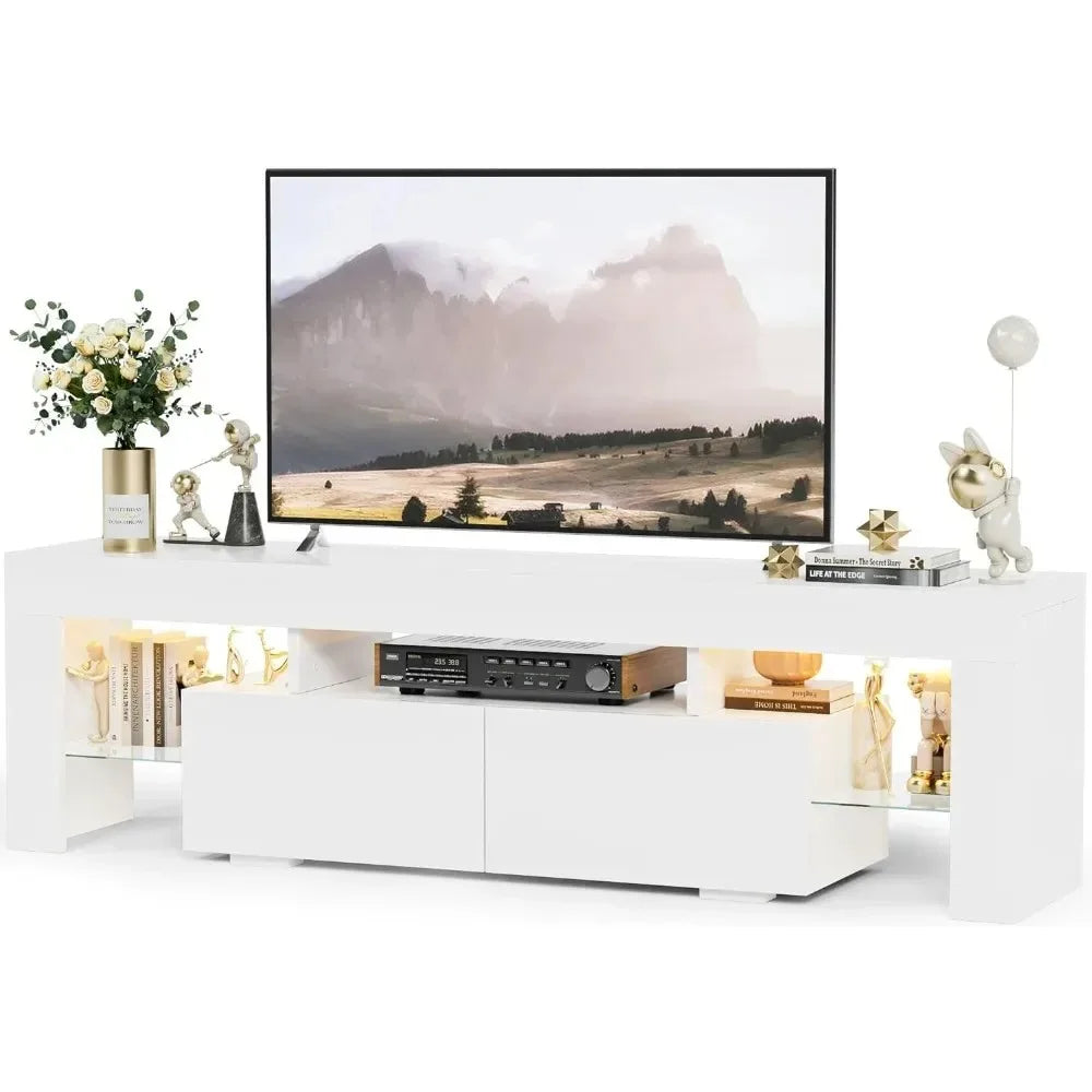 Modern LED TV Stand for Televisions up to 70 Inch w/Glass Shelves and Drawer, Gaming Entertainment