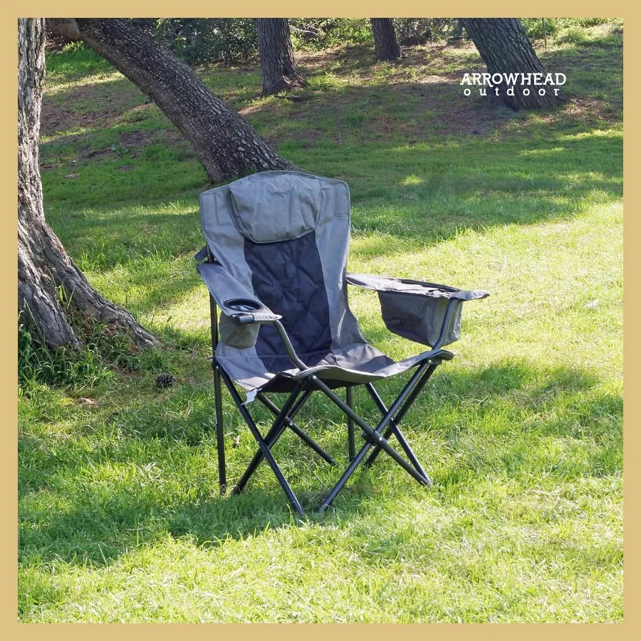 ARROWHEAD OUTDOOR Portable Deluxe Folding Camp Quad Chair w/Headrest Glass and Cup Holders Armrest