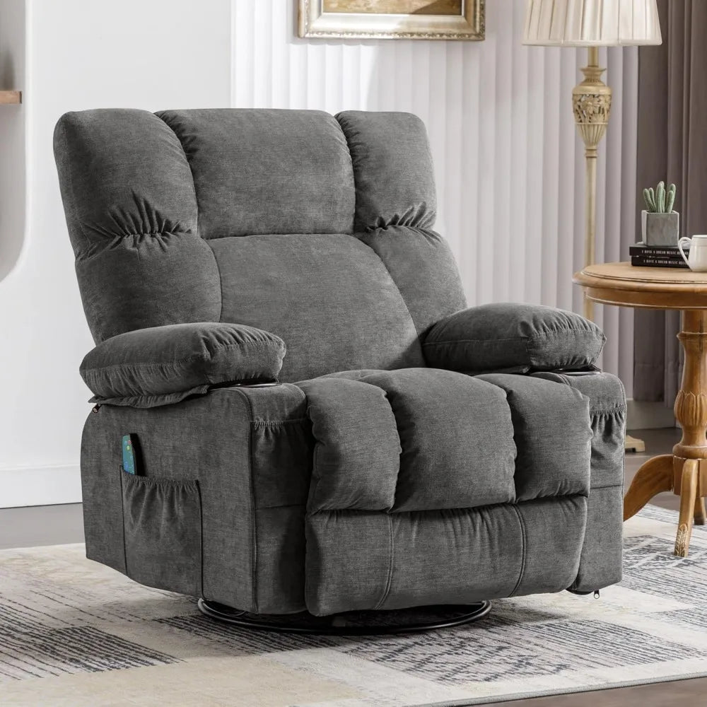 Recliner Chair with Vibration Massage & Lumbar Heating, 360° Swivel Oversized Rocker Recliner /USB