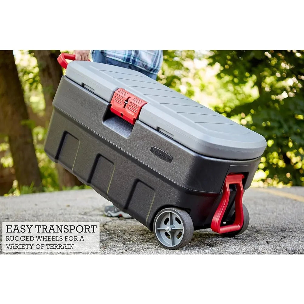 RUBBERMAID Gray&Black,ActionPacker 35 Gallon,Lockable Plastic Storage Bin w/Lid and Wheels-Rugged