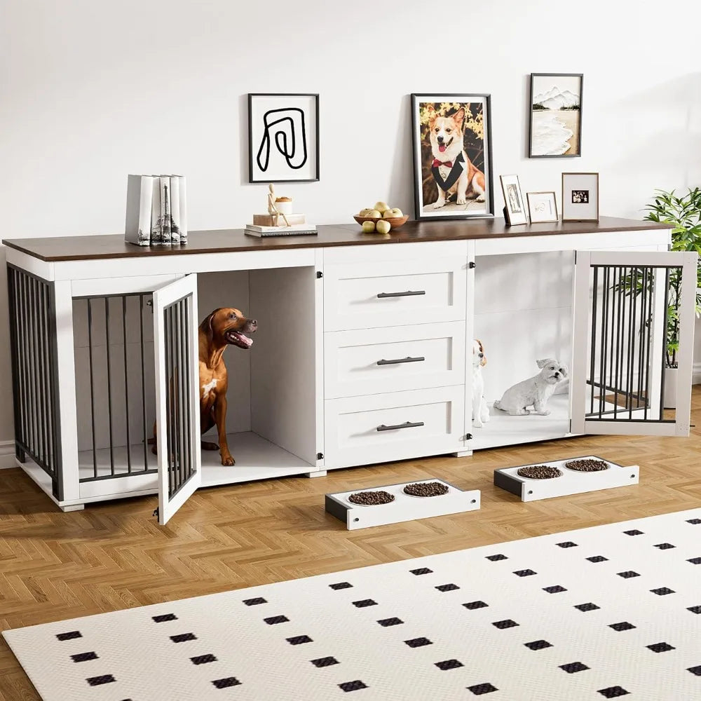 94.5" Dog Crate, Dogs Kennel Furniture with 3 Storage Drawer, Wooden Dogs Cage with 4 Bowls, Dog House TV Stand with Locks