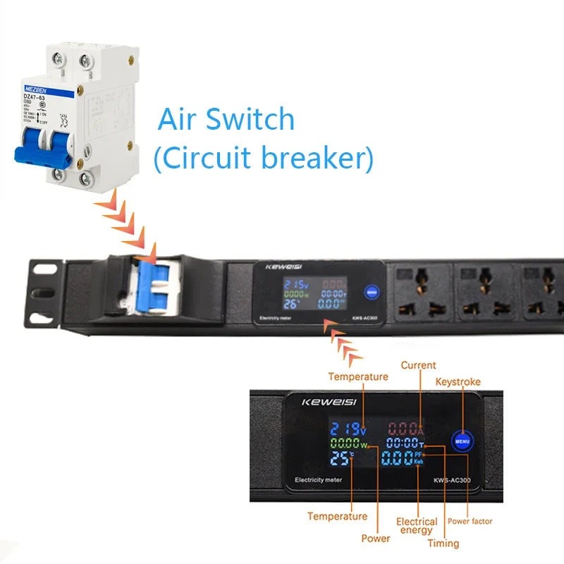 19Inch Cabinet Rack PDU Power Strip EU/US/UK C13/Universal Outlet Digital Voltmeter