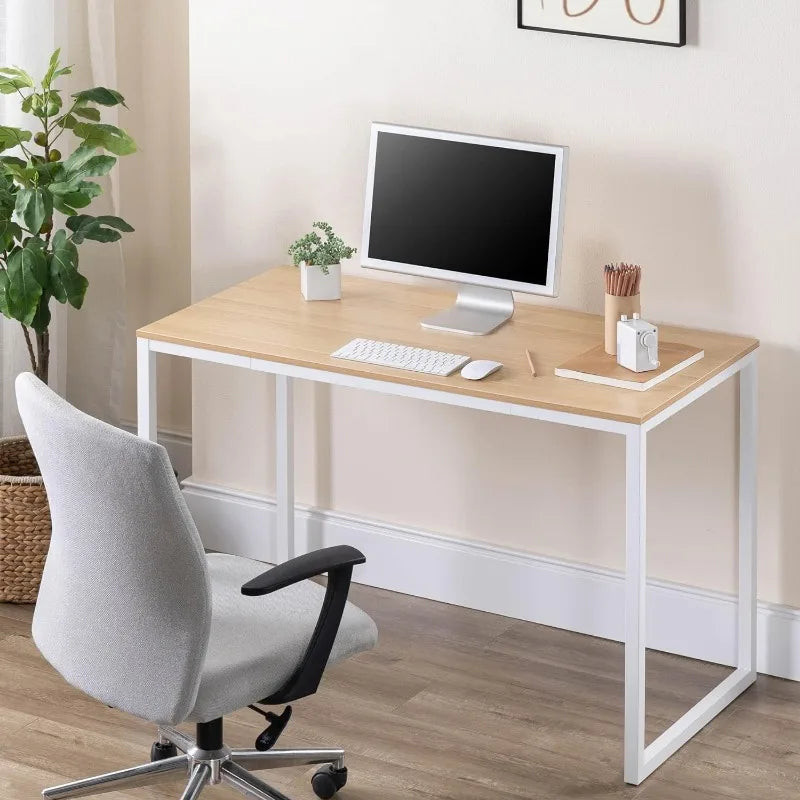 Jennifer 55 Inch White Frame Desk, Computer Workstation, Office Desk, Dining Table, Natural