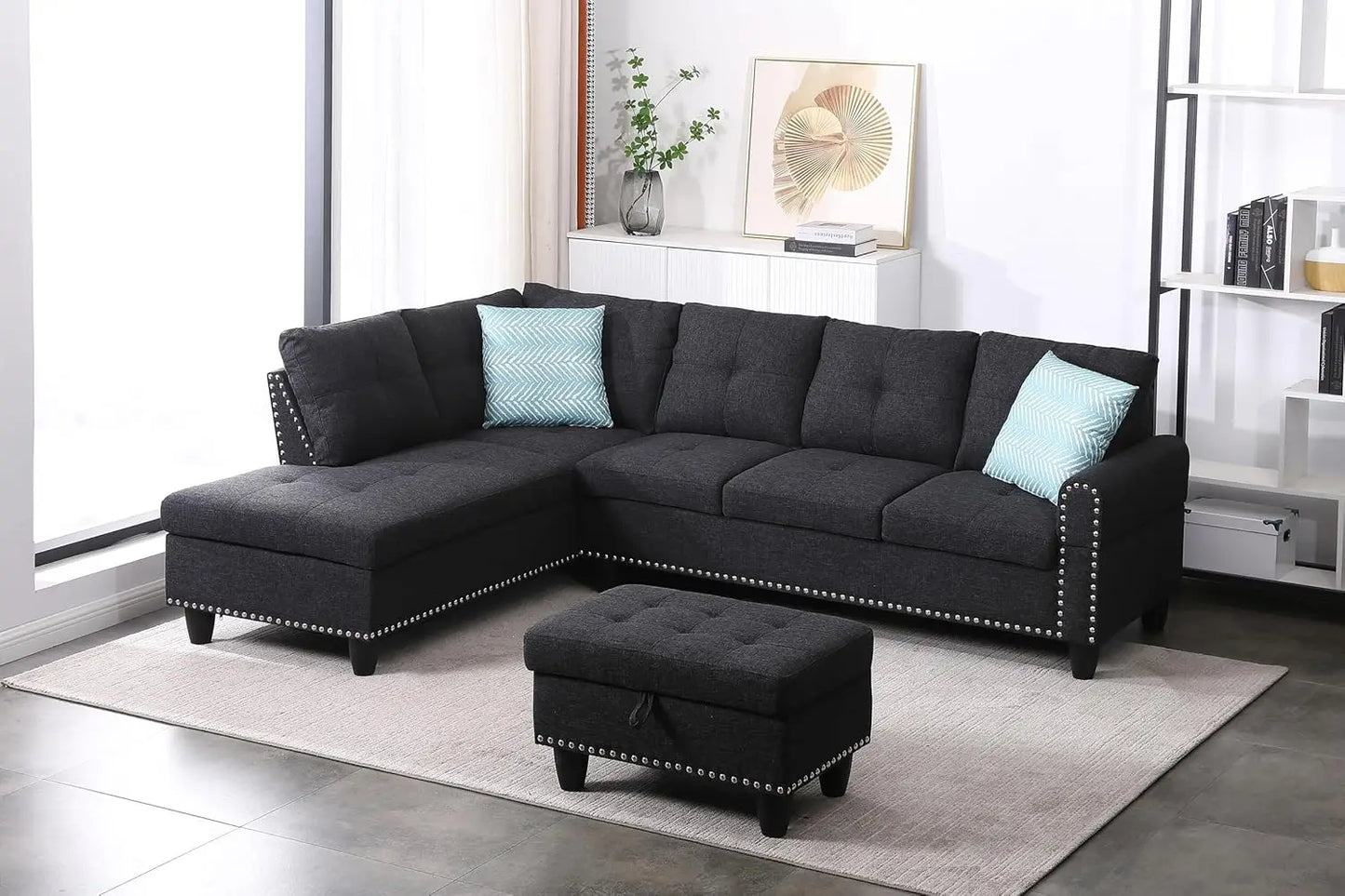 Faux Leather Sectional Sofa with Removable Storage Ottoman,L-Shape Upholstered 6 Seater Couch