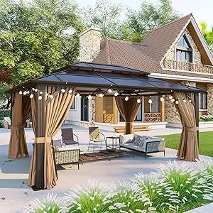 12'x10' Hardtop Gazebo, Aluminum Frame Permanent Pavilion with Curtains and Netting, Polycarbonate